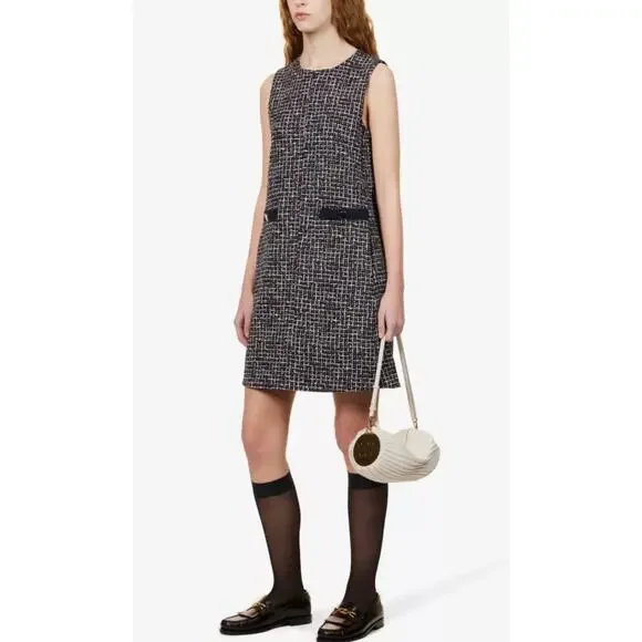 ME+EM Ponte Jacquard Tweed Shift Mini Dress Short 8 Navy Blue Office Work - Picture 2 of 10